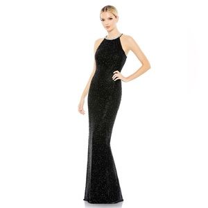 Mac Duggal 93742 Black Beaded Sleeveless High Neck Column Gown- NWT